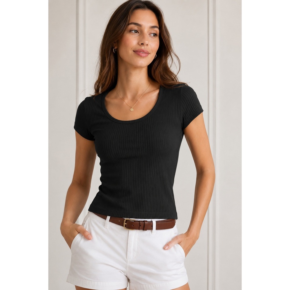 Abercrombie & Fitch Women's Black Ribbed‎ Scoop Neck Fitted Short Sleeve Top M